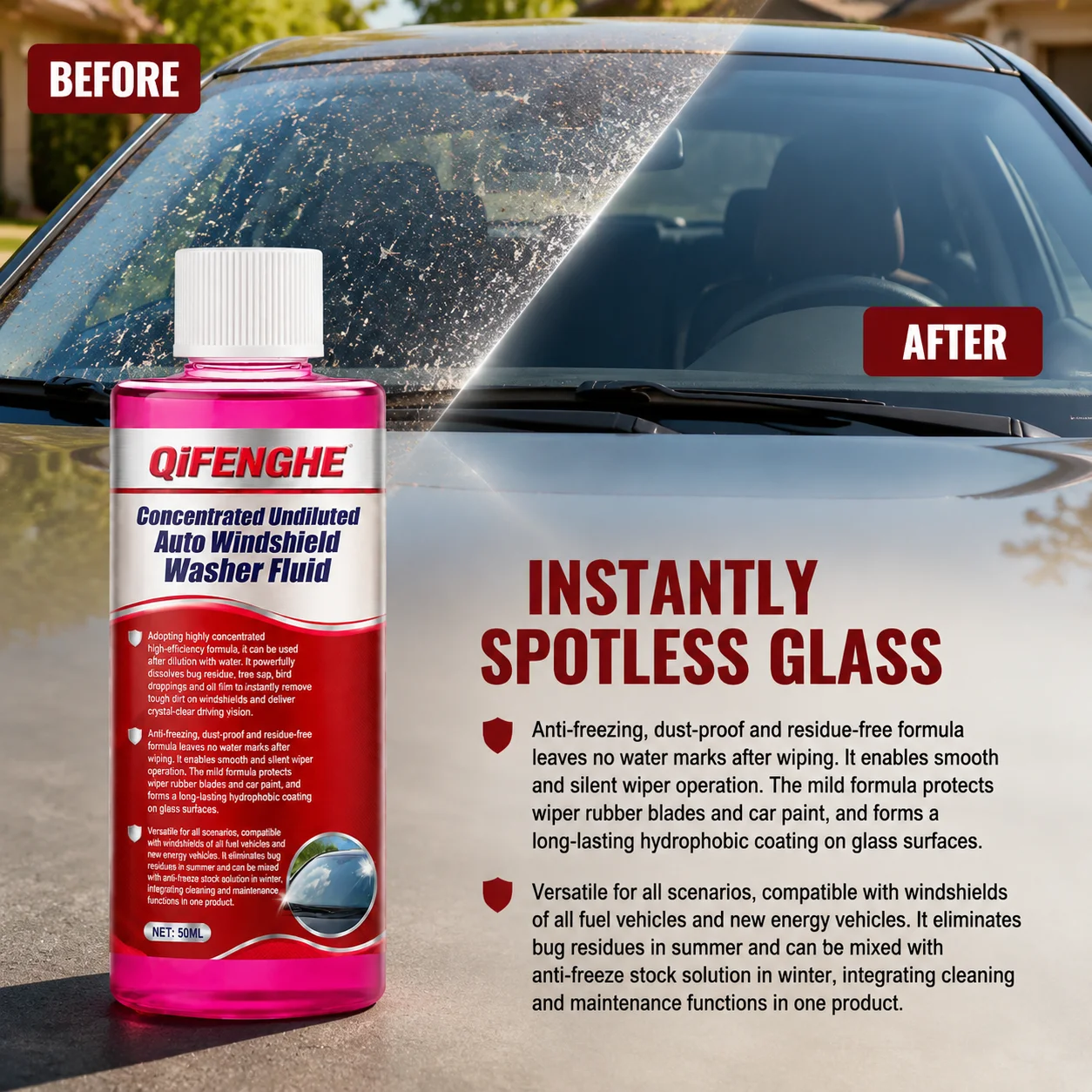 Concentrated Windshield Washer Fluid Dissolve Bug Dirt Anti-Freeze Dust-Proof Leave Spotless Glass Form Hydrophobic Coating