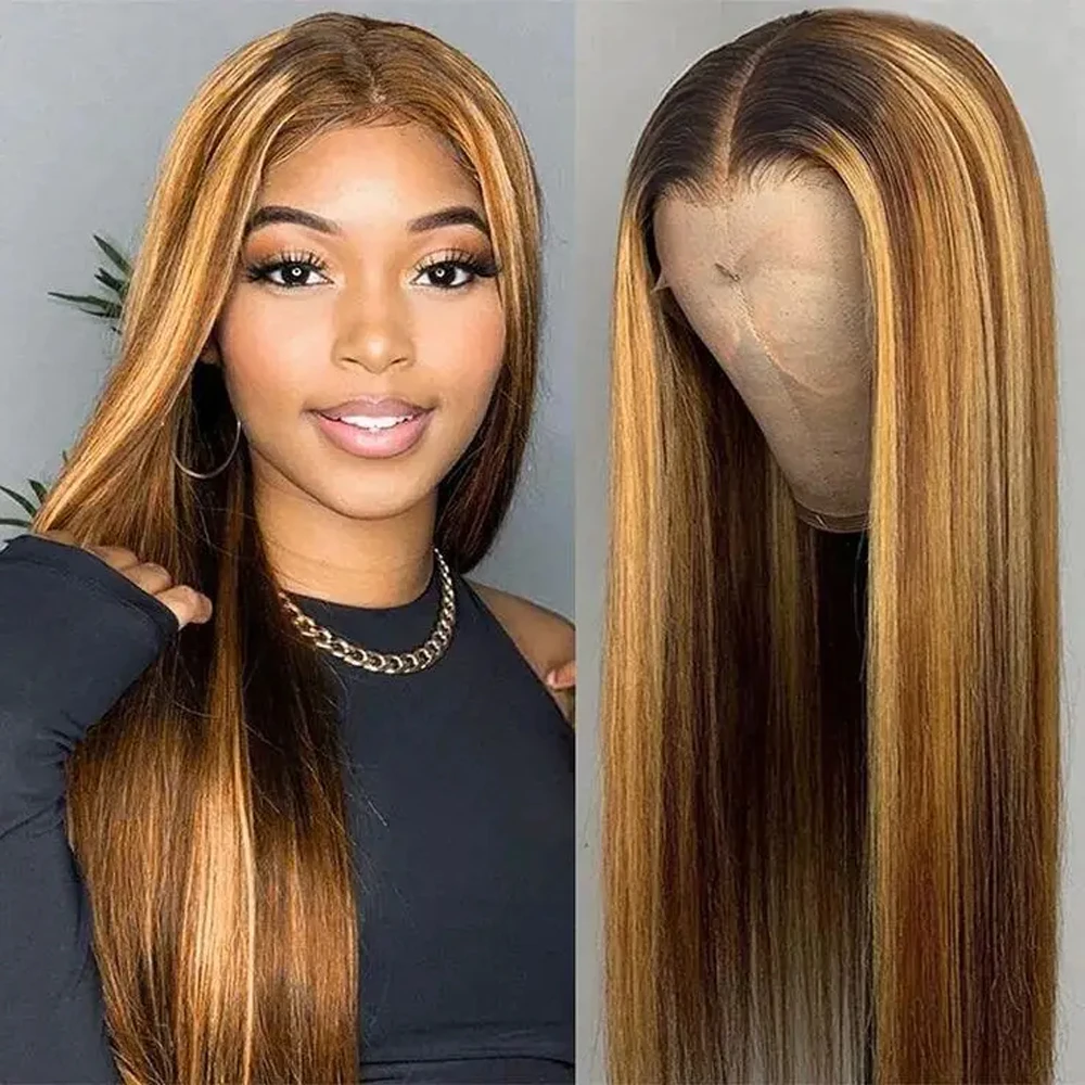 360 Highlight Ombre Straight Lace Front Wigs Human Hair 4/27 Color HD Full Lace Frontal Wig for Women 180% Density Natural Wigs