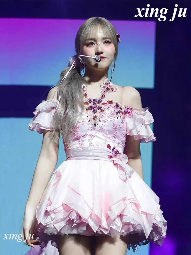 Kpop Koreaanse Groep Jazzdans Kostuums Vrouwelijke DJ Zanger Roze Strass Strapless Halter Jurk Concert Stage Performance Kleding