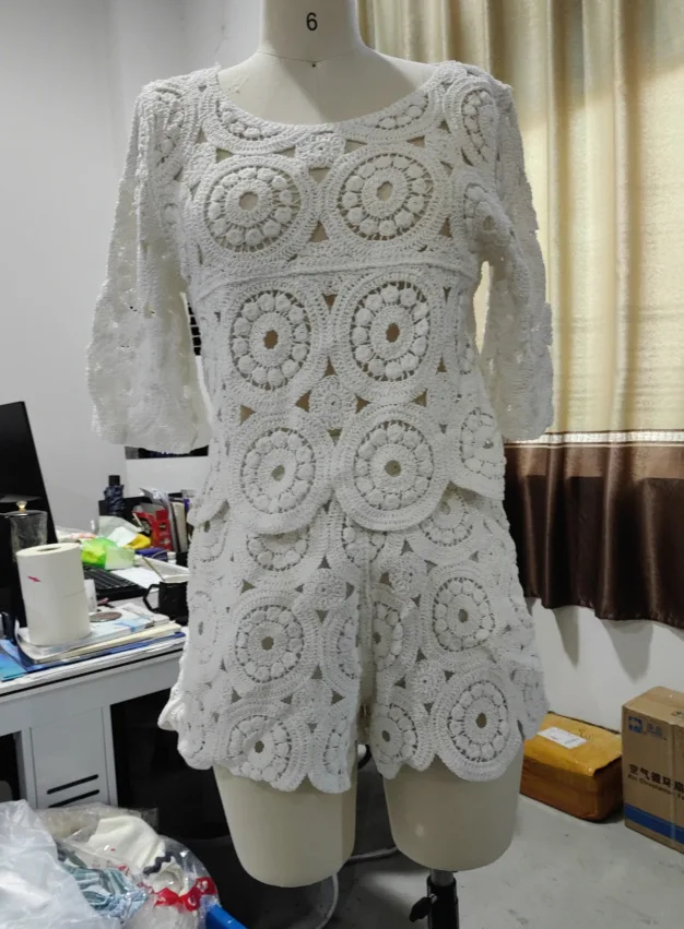 

Shpmishal Women Hollow Out Knit Set Summer Casual Round Neck Short Sleeve Top Shorts Two Piece Outfit Loose Fit Loungewear
