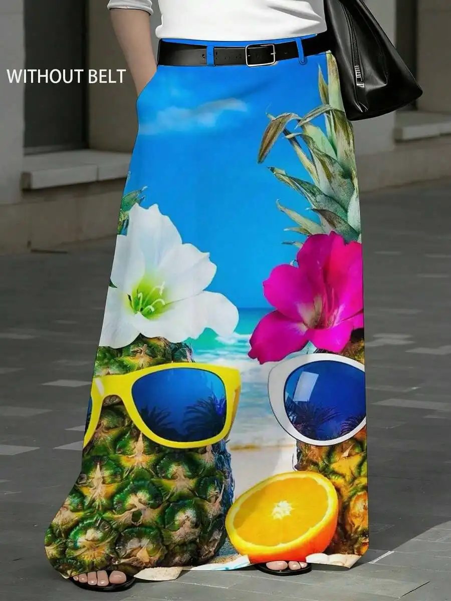 

Women Tropical Print Midi Skirt Pineapple Flower Beach Scene Sunglasses Orange Summer Vacation Style Elastic Waist