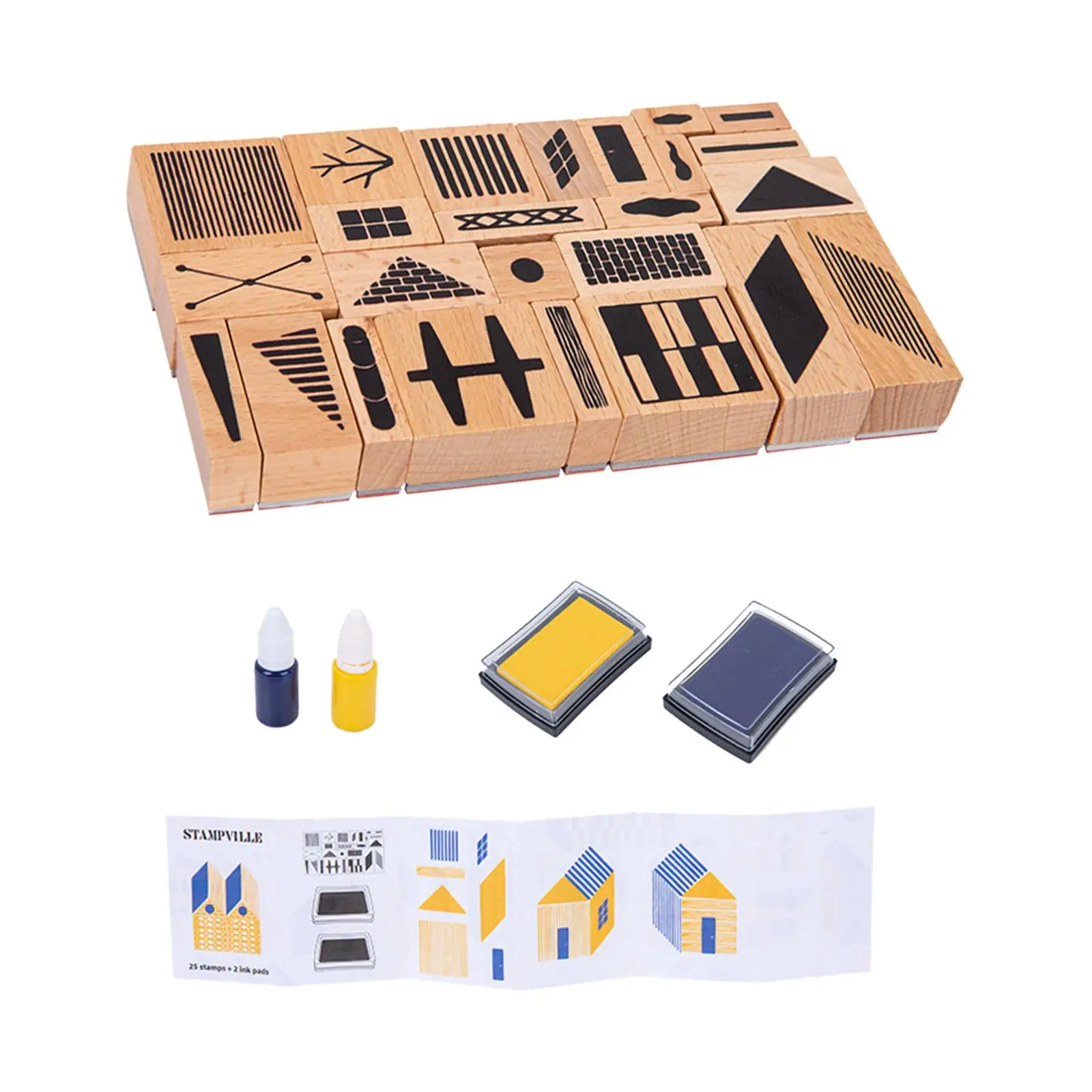 Town Themed Wood Stamp Set DIY Crafts with Ink Pad ,Educational Fine Motor Skill Sensory Toy for Children