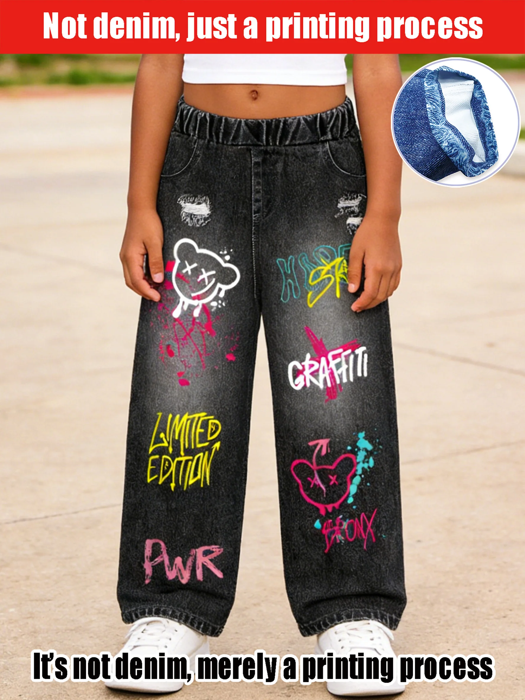 2026 Children's Black Faux Denim Wide-leg Pants Distressed Holes + Graffiti Pattern