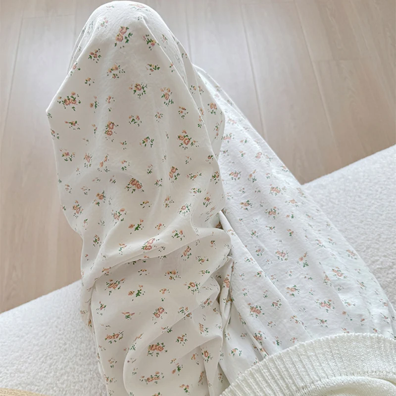 한국어 꽃 패턴 흰색 긴 바지 여성 탄성 높은 허리 바지 여성 봄 가을 느슨한 넓은 다리 바지 mujer