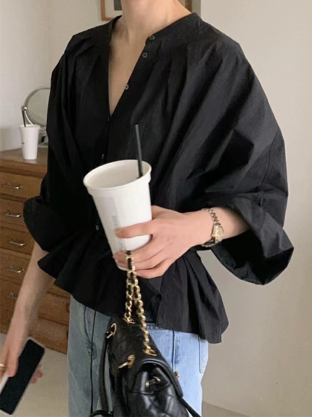 

Рубашка Candy Miss в корейском стиле с широкими рукавами и свободной талией, два цвета, элегантный простой модный дизайн для женщин, стиль для повседневной носки