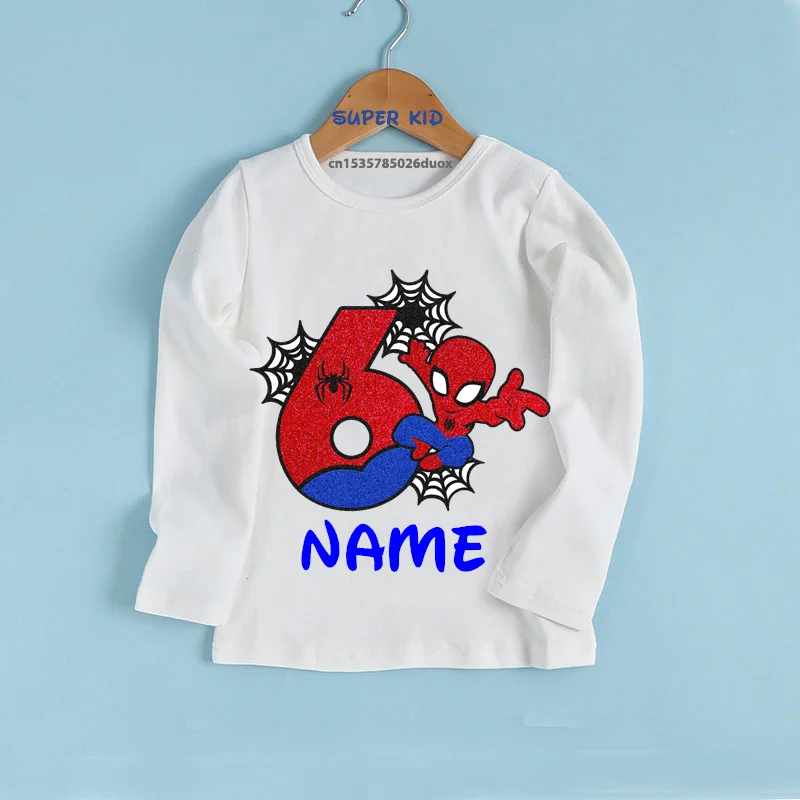 MARVEL Spiderman Birthday 2024 New Autumn Bottoming Shirt Boy 2 3 4 5 6 7 Spiderman Customized Name Birthday Long Sleeve T-shirt