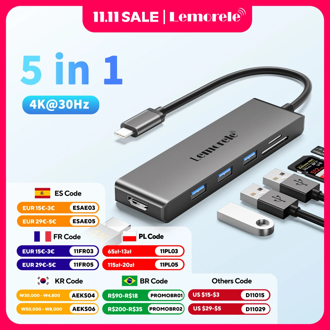 

Lemorele TC24 USB 3.0 Hub Type C docking station 5-in-1 ports USB C 2.0 fast power delivery USB A 2.0 transfer for iOS laptop
