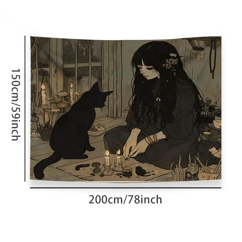نسيج السحر الغامض يتميز بفتاة مع قطة سوداء وشموع، مثالي لإضافة سحري وساحر