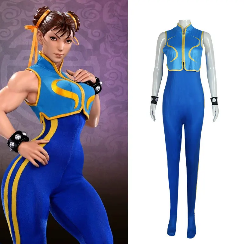 Figher Game Chun Li Cosplay Costume Wig Blue ChunLi Superhero Jumpsuit Woman Girls Carnival Party Dress Bodysuit Zentai Suit