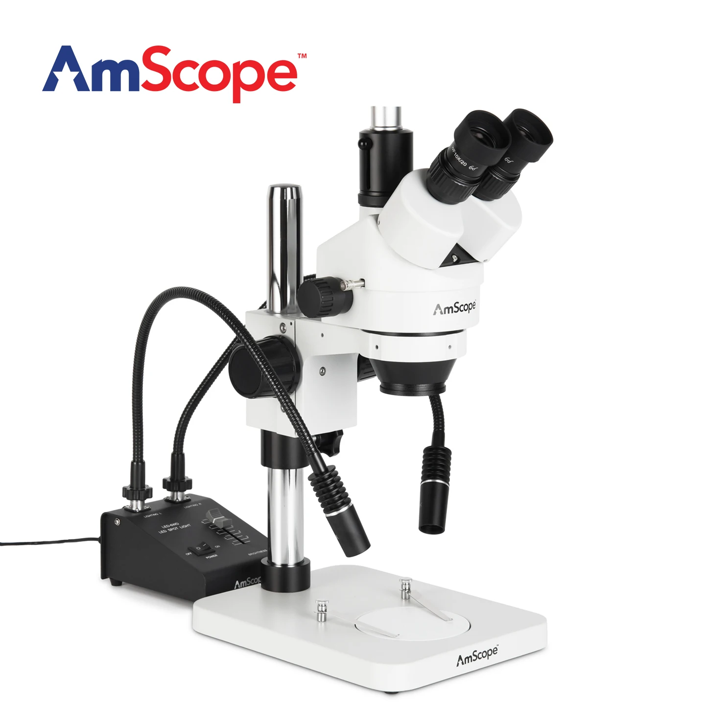 AmScope SM-1 Series Zoom Trinocular Stereo Microscope with 6W Dual-Gooseneck LED Illuminator on Pillar Stan
