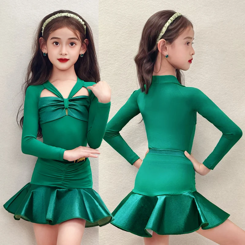 Ropa de baile latino para niña, ropa de actuación verde para escenario, traje de baile de manga larga para chico, traje hueco, leotardo, práctica con volantes