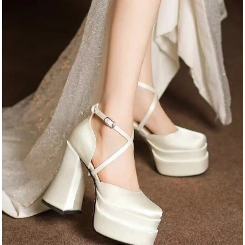 

Comfortable High Heels Waterproof Platform Thick Heel Wedding Shoes for Engagement Parties Not Tiring Footwear Square Toe Microf
