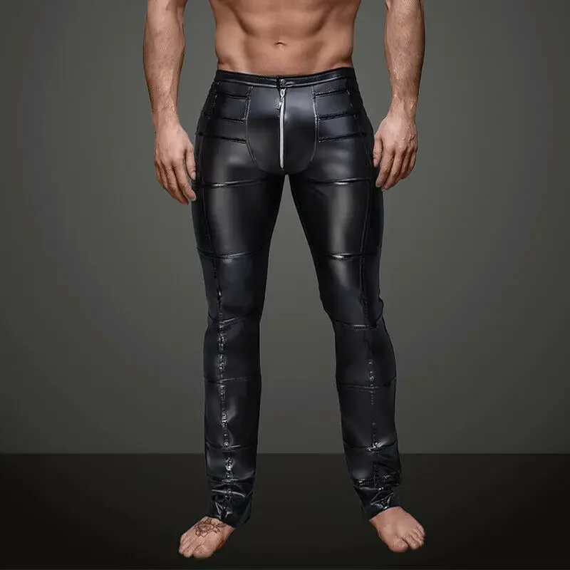 Men Wetlook Black PU Leather Pant Patchwork Open Front Zipper Design Moto Jeans Clubwear Trousers Nightclub Pants Shiny Trousers