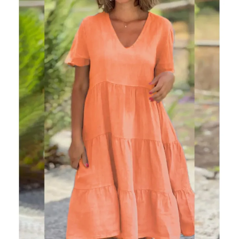 2024 Casual Loose Cotton And Linen Vestido 2024 Summer New Women\'s Fresh And Sweet V-neck Solid Large Swing Casual Dresses 5XL