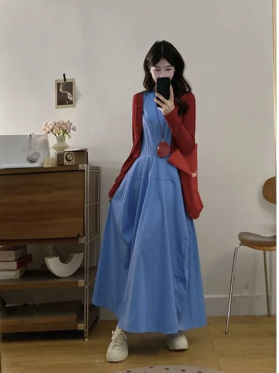 

Новое летнее женское платье-жилет больших размеров синего цвета с цветочным принтом, без рукавов, с завышенной талией, свободного кроя, повседневное, длинное