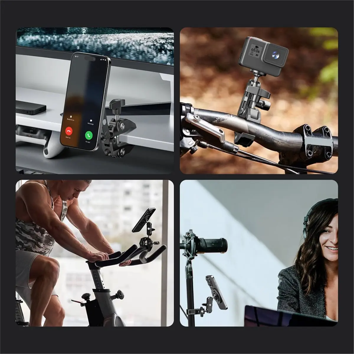 A48U Aluminum Mic Stand Phone Holder Stand with Heavy Duty Adjustable Clamp Magnetic Mount for Bikes Handlebar