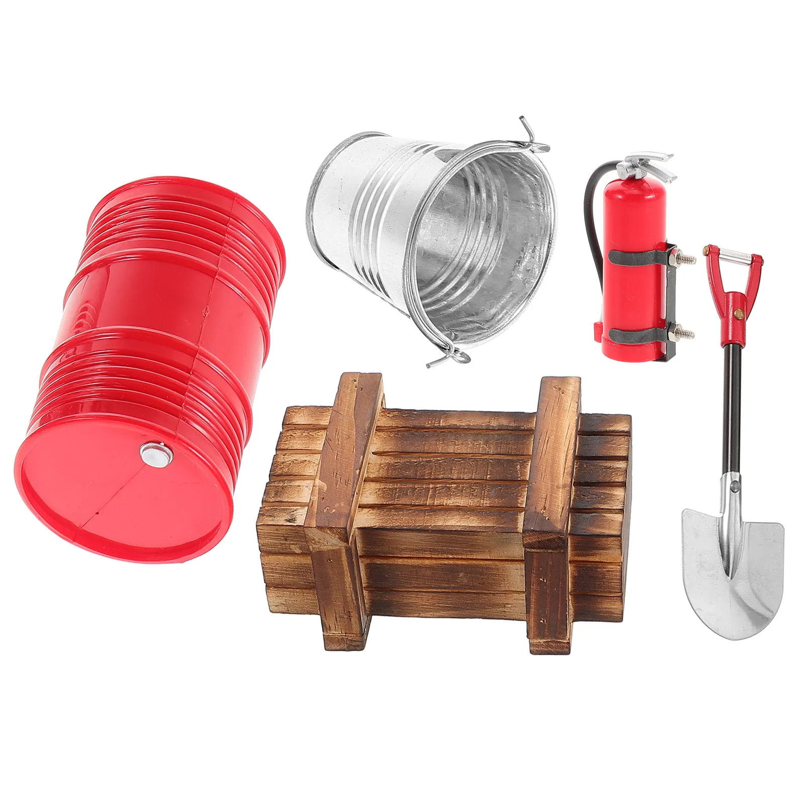 

5Pcs 110 Scale Rc Crawler Roof Decoration Simulation Climbing Car Accessories Water Bucket Shovels Wooden Box Oil Drum Fire