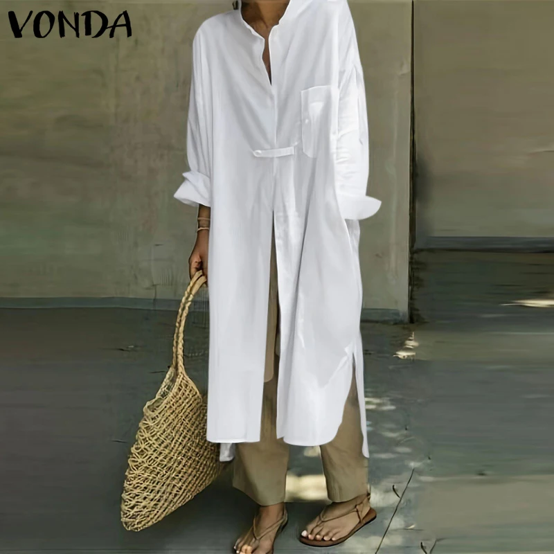 

Модная женская блузка VONDA 2026: повседневная туника с длинным рукавом, однотонная, свободного кроя, с отложным воротником, кардиган 3XL