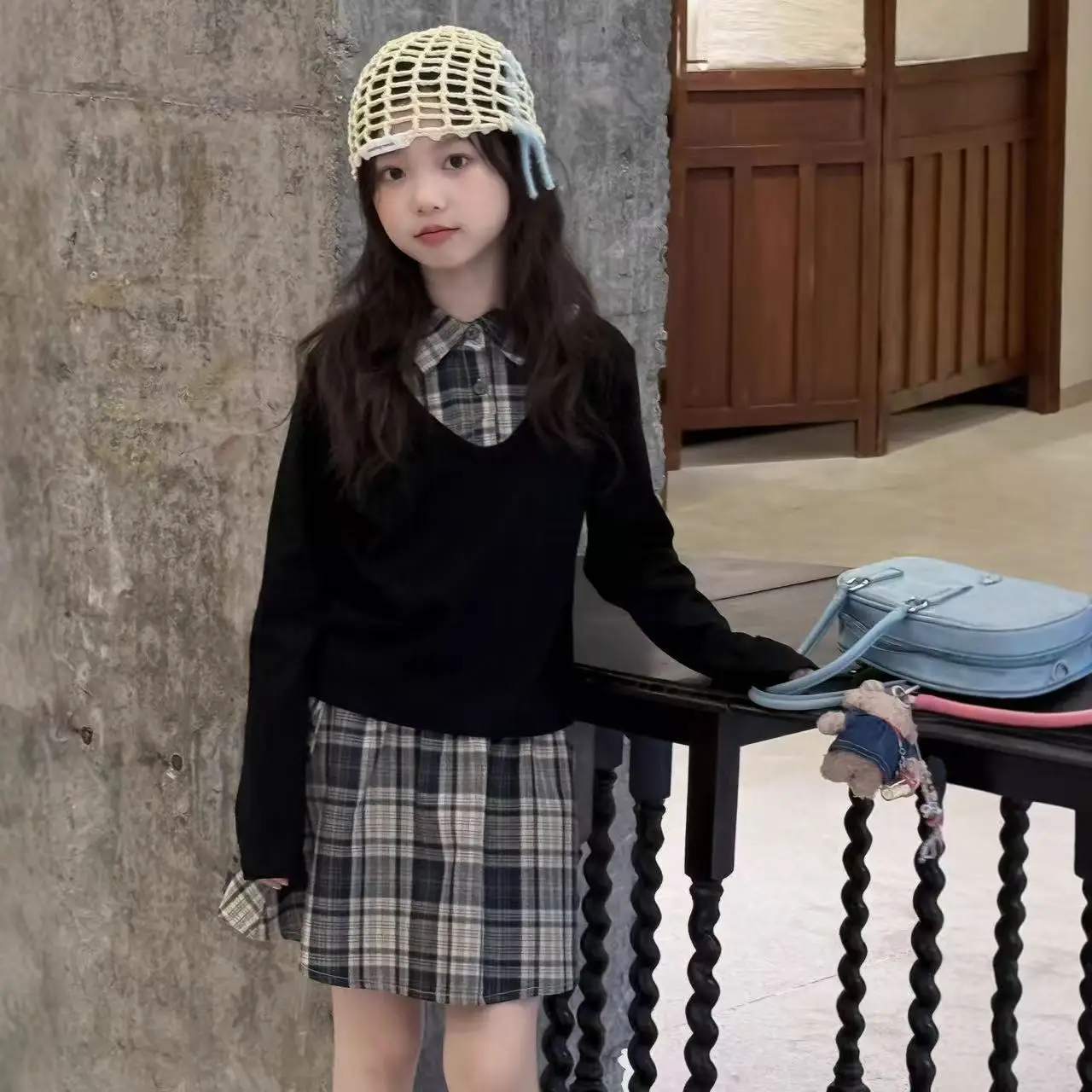 

Children's Clothing Girls' Set Spring and Autumn 2026 New Style Girls' Checkered Fake Two-piece Top+pleated Skirt Two-piece Set