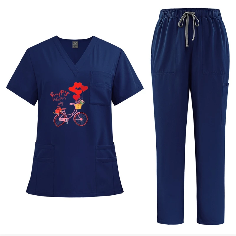 Aangepaste print unisex medische overall met V-hals en korte mouwen Verpleegstersset Rechte ademende wasbare werkkleding