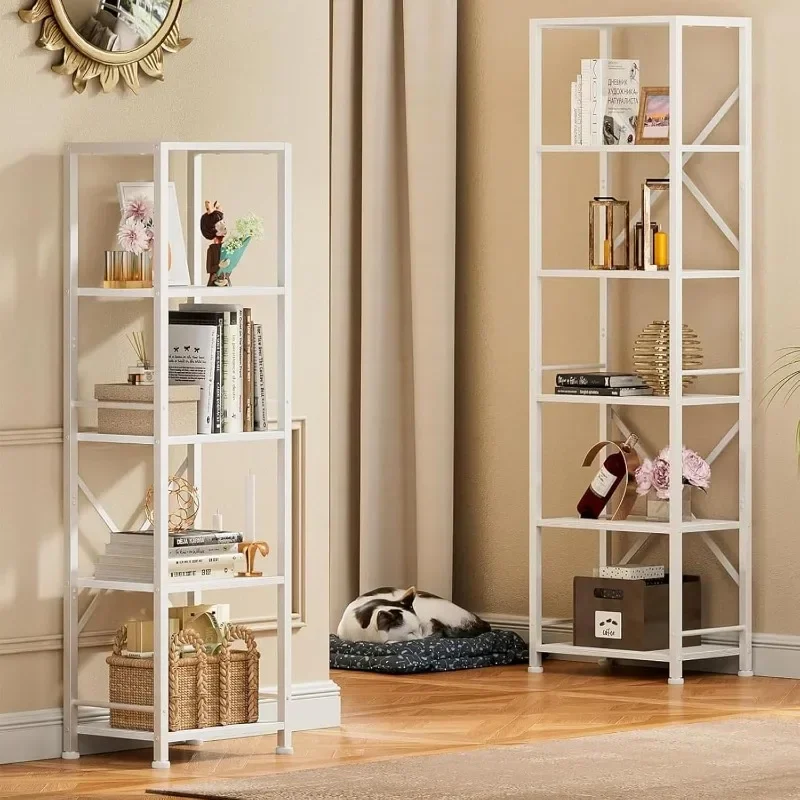 

Furologee Tall Bookshelf, Narrow Bookcase Modern Freestanding Shelf Units, Metal and Wood Display Storage Corner Rack Organizer