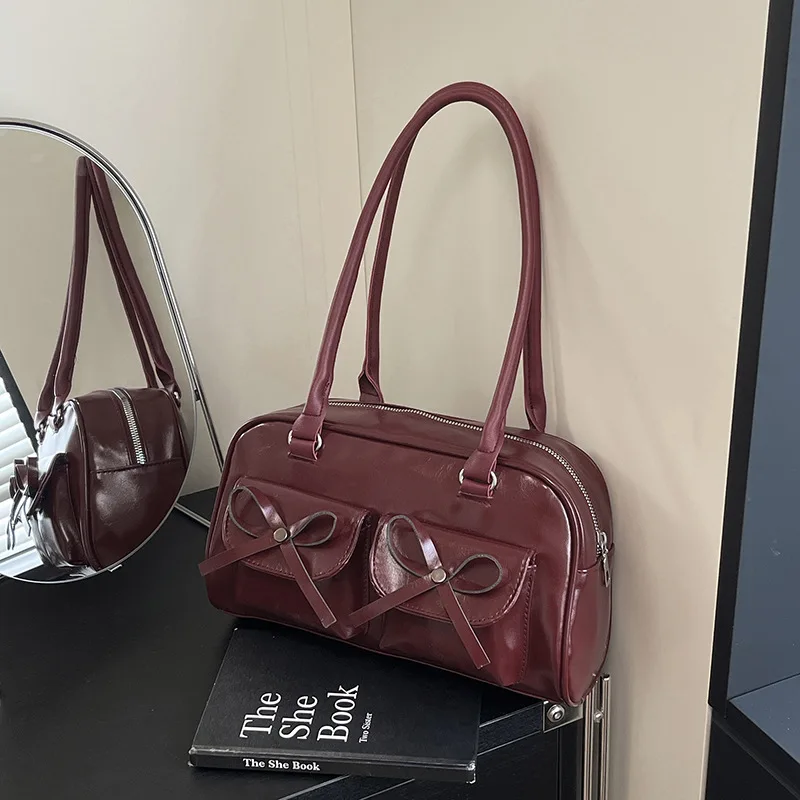 Solid Color Vintage Women's Pu Leather Shoulder Bag Multi-pocket Ladies Handbags Sweet Bowknot College Girls Underarm Bags