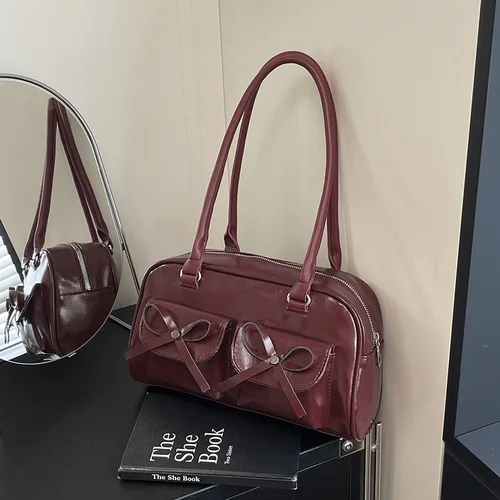 Bandolera de piel sintética Vintage de Color liso para mujer, bolsos multibolsillos para mujer, bolsos para las axilas con lazo dulce para chicas universitarias