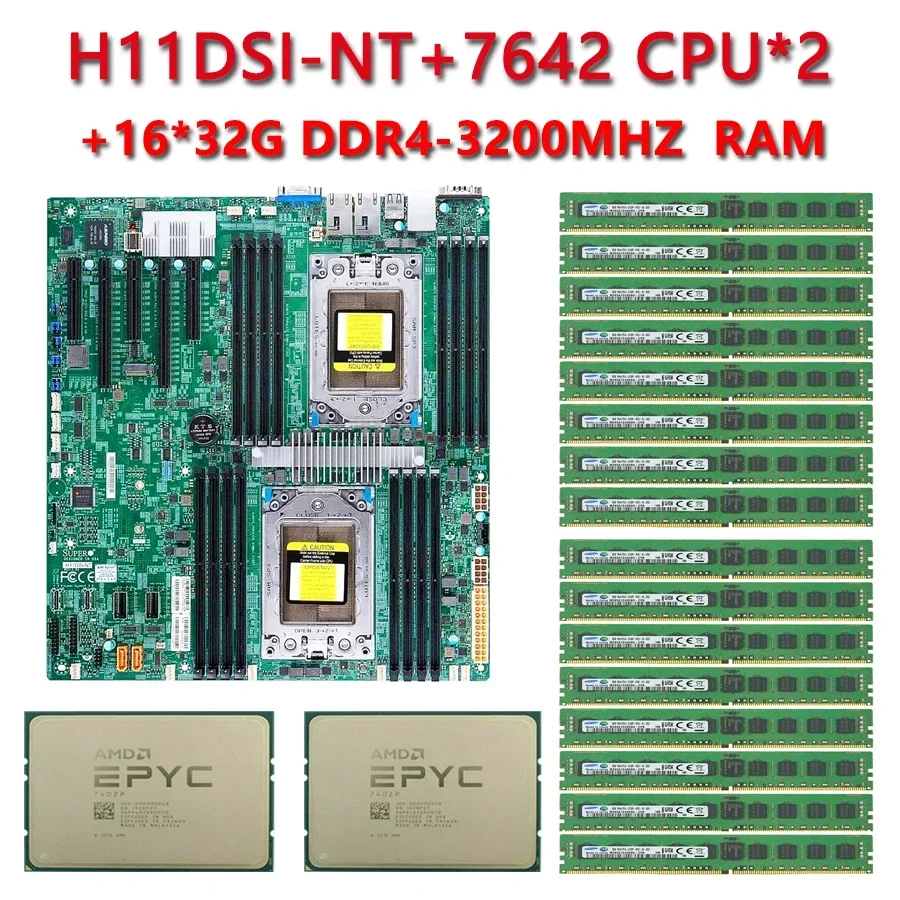 FOR Supermicro H11DSI-NT REV2.0 Motherboard  / 2*AMD 7642 2.3GHz 48C/96T CPU Processor  / 16* 32GB = 512GB DDR4 3200mhz RAM  Mem