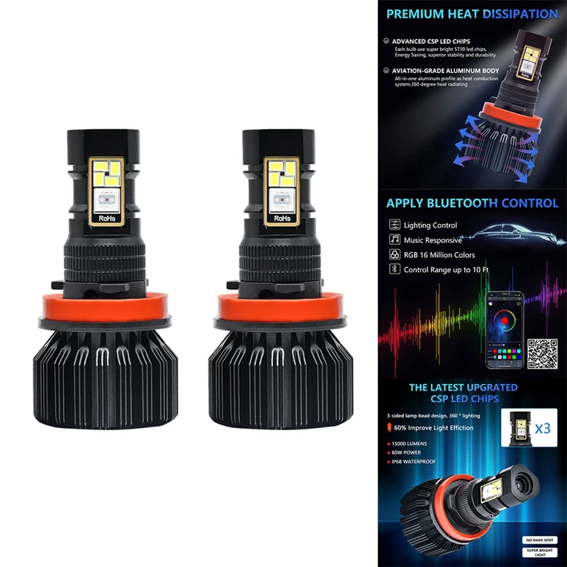 Car LED RGB Headlight APP Bluetooth-Compatible Control Multi Colors LED Fog Lights Bulbs