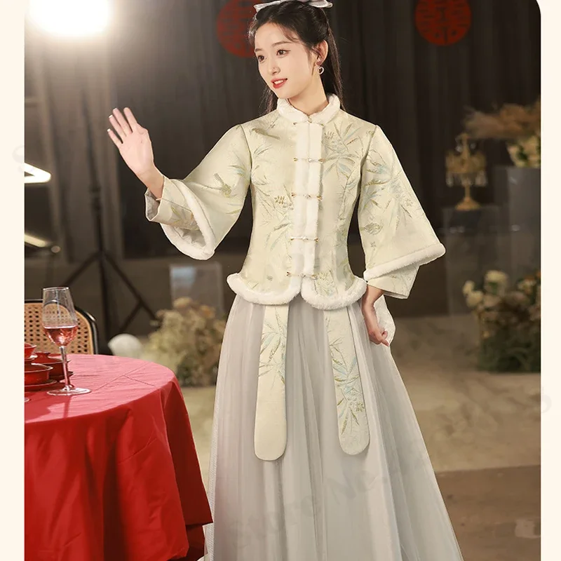 

Chinese Traditional Wedding Bridesmaids Tang Clothes Autumn Winter Thick Bridesmaid Xiuhe Costumes Vintage Novelty Qipao Suit