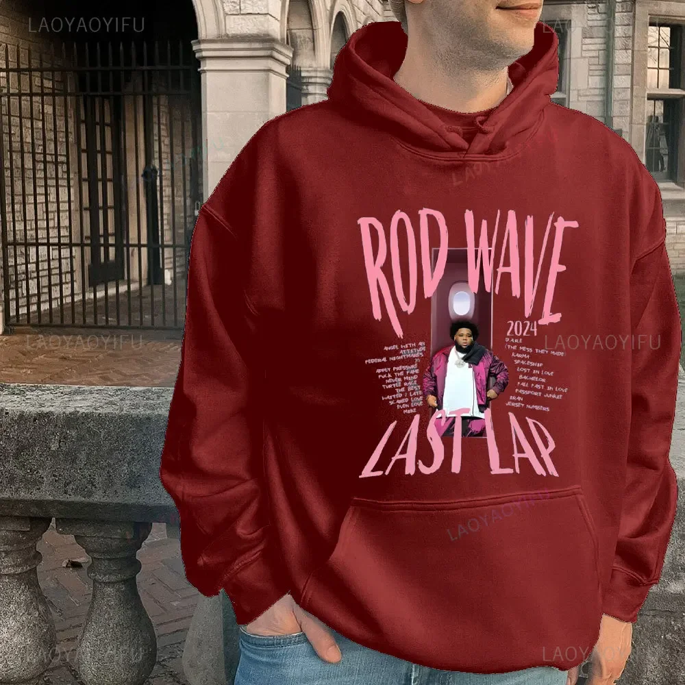 Rod Wave The Last Lap 2024 Rod Ware Design Roze patroon Sweatshirts voor heren en dames Zwarte hoodie voor heren Drop-shoulder mouw