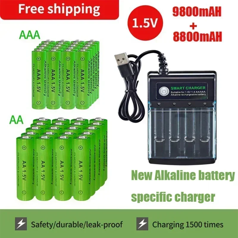 Baterai isi ulang asli, 1.5V AA9800mAh + Charger + pengisi daya untuk jam komputer Radio Video Game kamera Digital AA AAAbattery