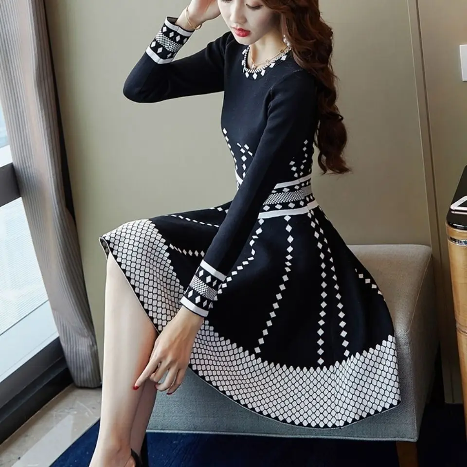 Female Dress Prom Knitted Party Black Evening Crochet Contrasting Colors Women\'s Long Sleeve Dresses Trendy Clothing Full Cotton