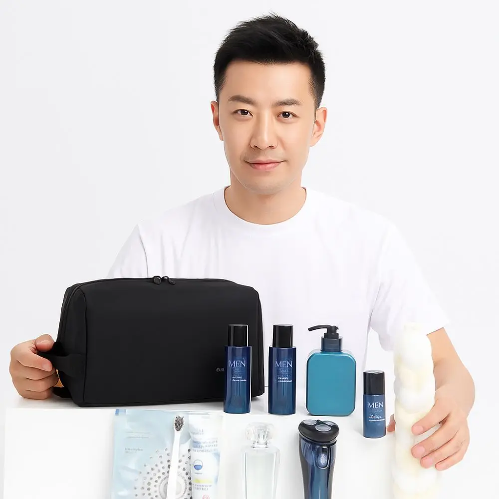Waterproof Man Cosmetic Bag Handheld Large Capacity PU Toiletry Bag Dry and Wet Separation Lightweight Makeup Bag
