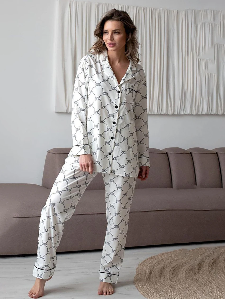 

Marthaqiqi Printing Casual Sleepwear Set Long Sleeve Nightgowns Sexy Turn-Down Collar Pajama Pants Casual Home Clothes For Women