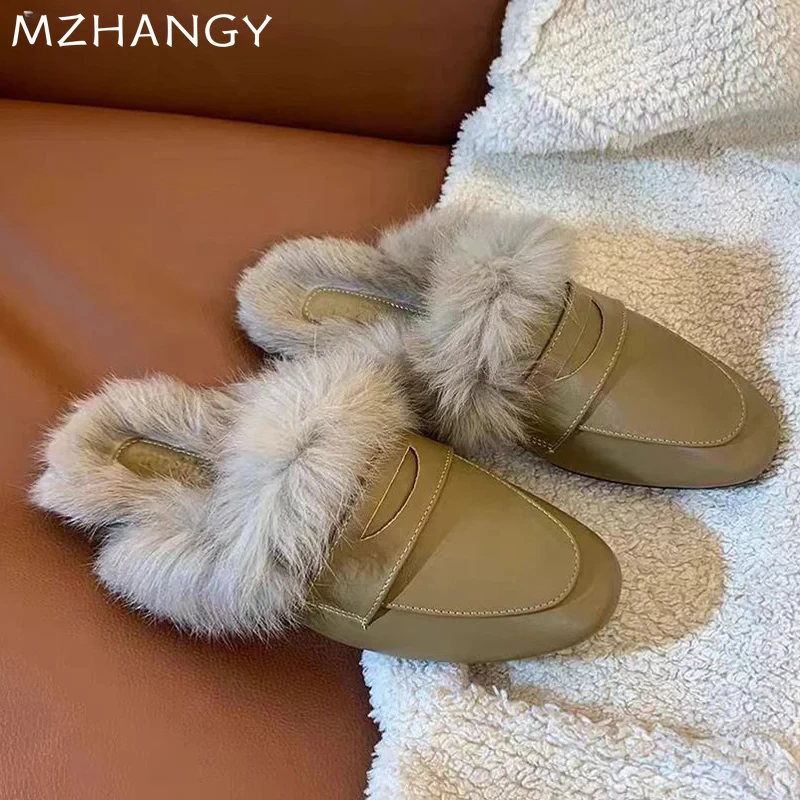 Pelz Frauen Slipeprs Wohnungen Mode lässig Sling back Baumwoll schuhe Frau Trend Winter Schneeschuhe gemütlich Luxus Mujer Zapatillas