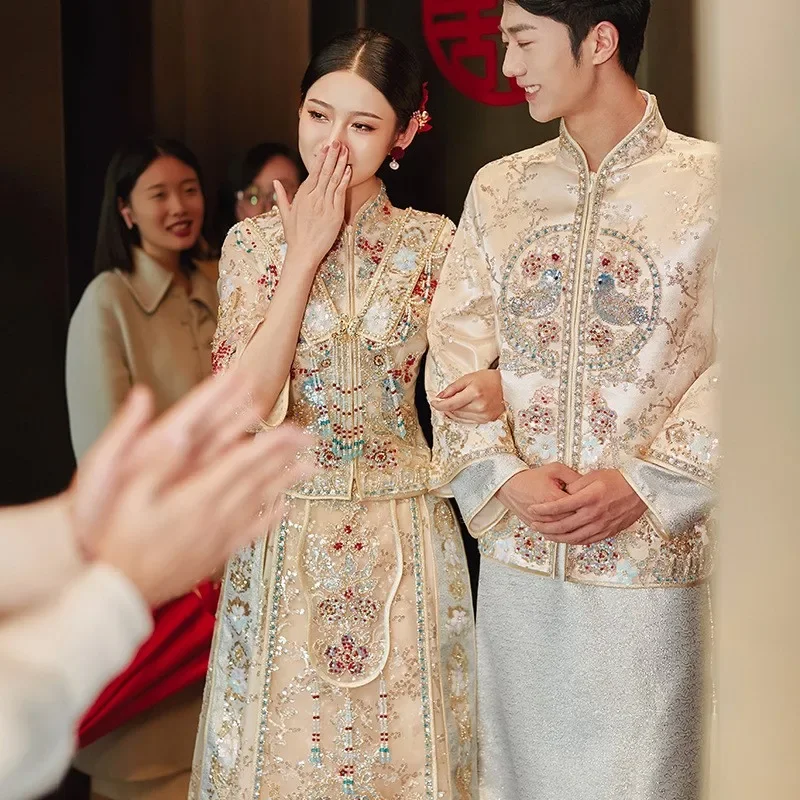 Traje de vestido de dragón y Fénix, ropa de tostada de la industria pesada china, champán, nuevo