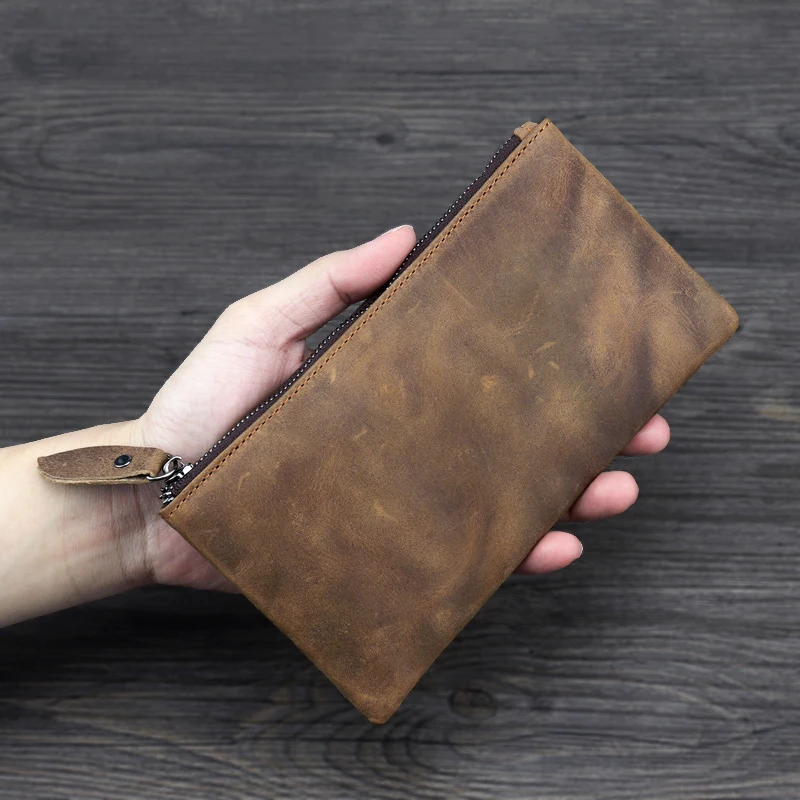 Minimalist Crazy Horse Leather Men's Leather Phone Bag Long Retro Ultra Thin Women's Leather Wallet Japanese and Korean Handbag