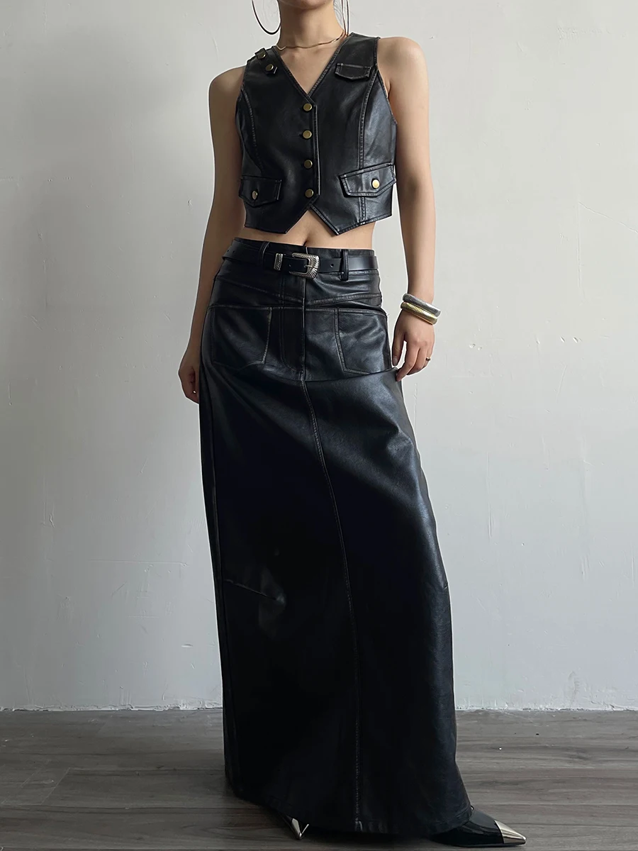 Distressed Design PU Leather Vest Upper Body Skirt Suit Female Punk Retro Midriff Outfit Sexy Two-Piece Suit Handsome Punk Suit