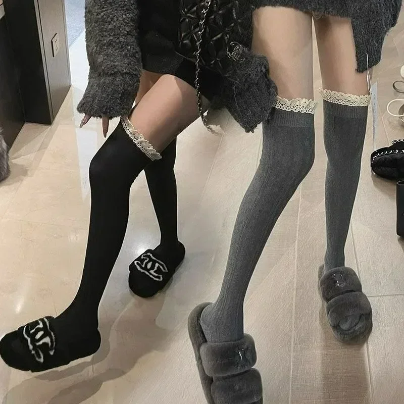 Sweet Lace Thigh High Socks Japanese Style Knitted Long Socks JK Lolita Black White Stockings Women Girls Amagi