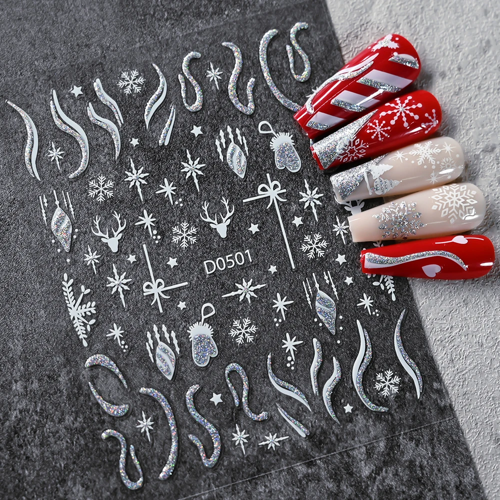 12 個 3D ホログラフィックレーザーグリッタークリスマスネイルステッカーゴールド/シルバー輝くスノーフレーク/エルク/ツリーネイルデカールグリッタークリスマススライダー