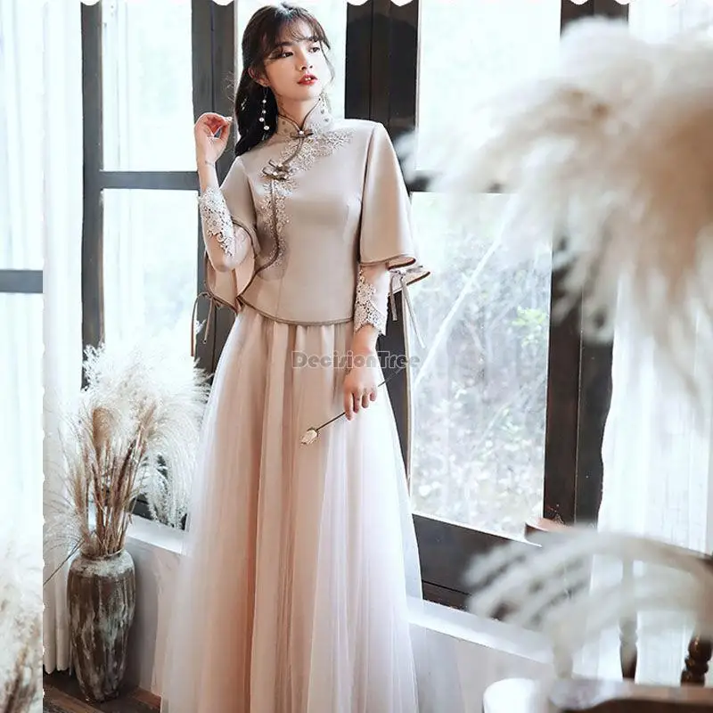 2026 chinese traditional vintage qipao dress set retro lady cheongsam chiffon women graceful wedding party vestido dress a363