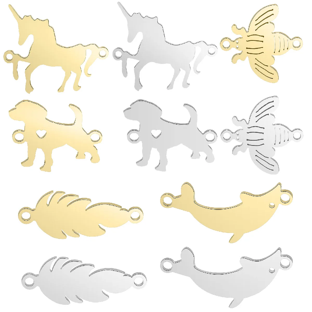 10 Pcs Bulk Stainless Steel Animal Unicorn Dog Bee Dolphin Leaves Charms Connectors For Jewelry Making DIY Accessories Wholesale