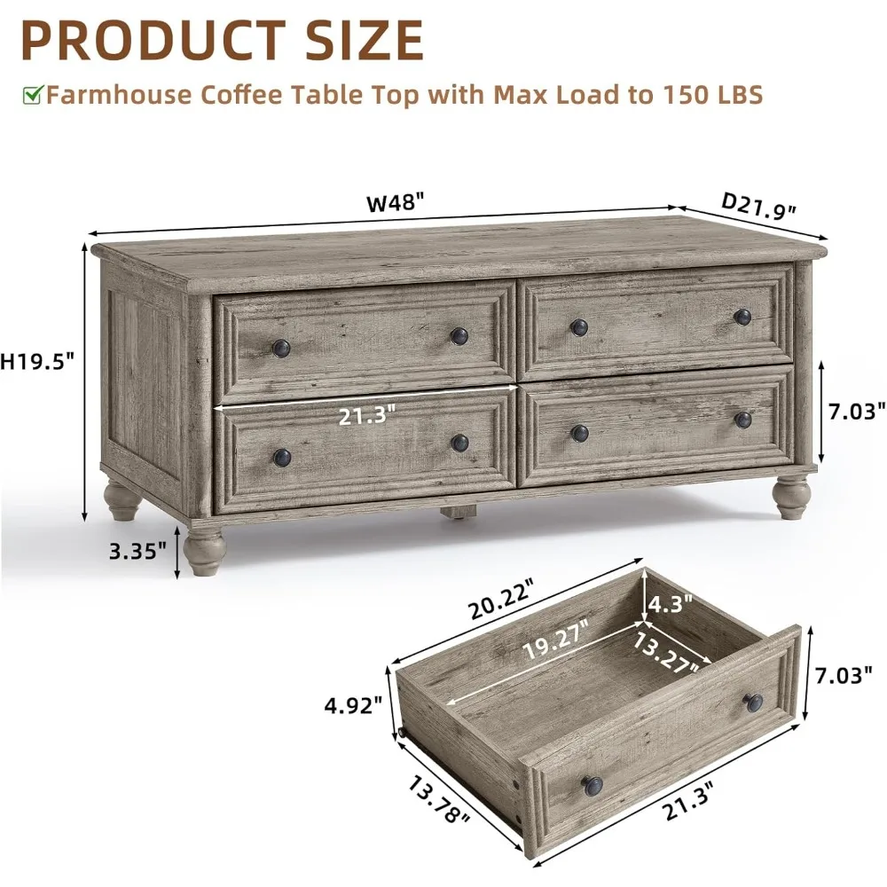 48" Farmhouse Coffee Table with Hidden Storage,Wooden Coffee Tables with 4 Drawers & Roman Column Handle,Rectangular Rustic Cent