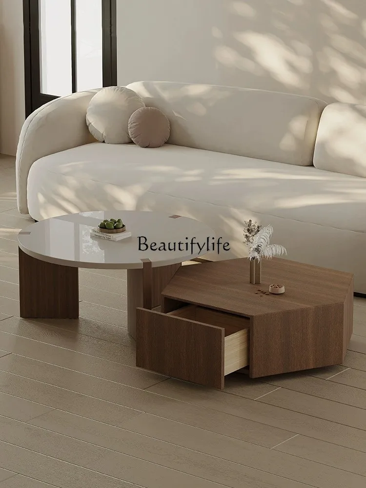 Italian Minimalist Coffee Table Polygon round Combination Smoked Wooden Tea Table Real Wooden Tea Table Living Room