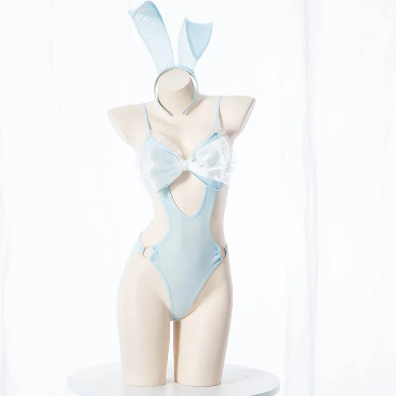 เซ็กซี่ลูกไม้กระต่ายสาวบทบาทเล่นชุด Hollow Light Blue Bodysuit Fairy คอสเพลย์เครื่องแต่งกายชุดว่ายน้ําชุดชั้นในชุดชั้นใน