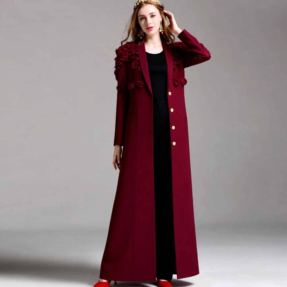 Vestido maxi feminino de manga comprida com apliques florais 3D – vestido elegante com gola xale e botões dourados para festa, casamento, evento noturno