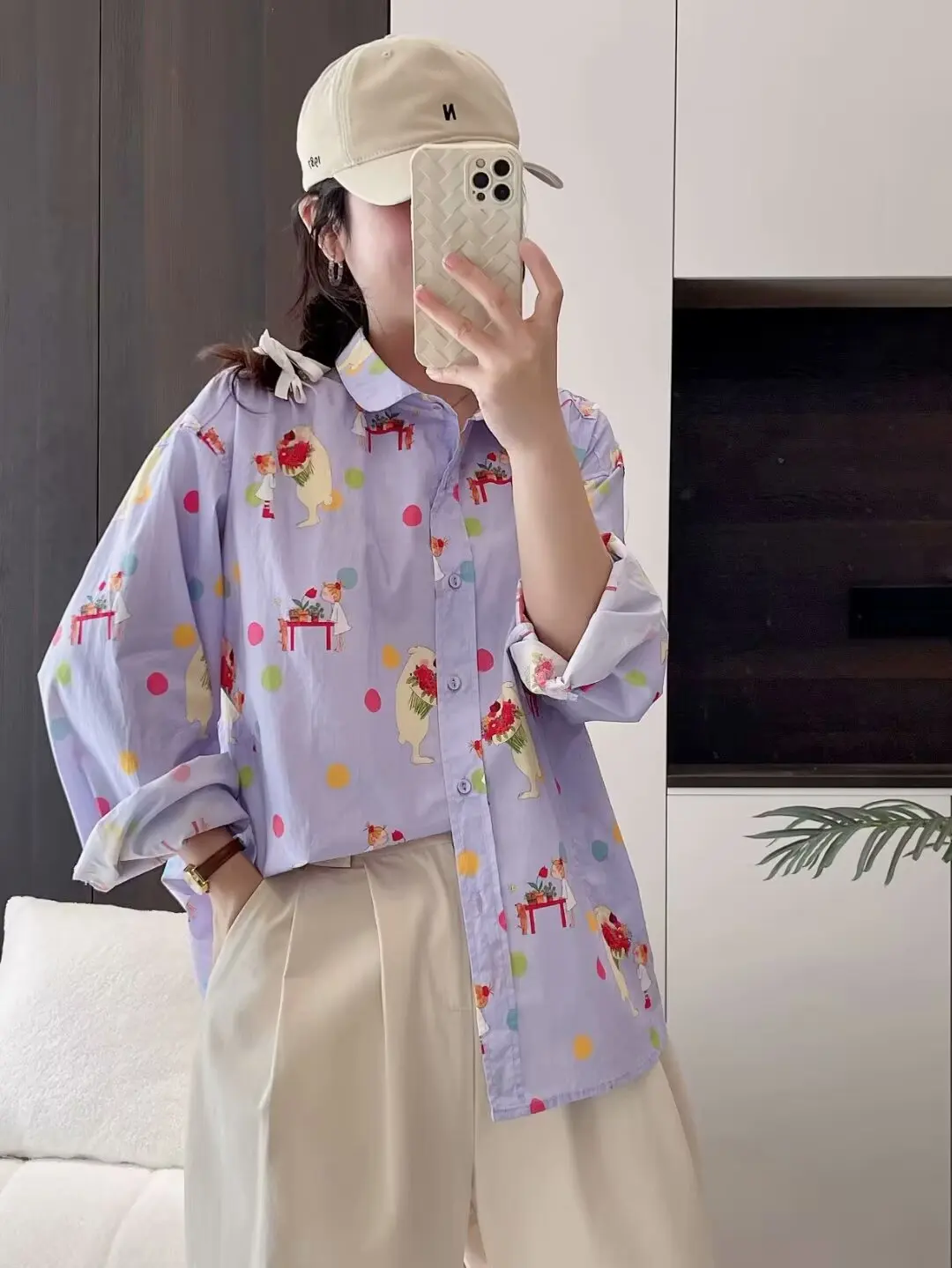 New Autumn Cotton Long Sleeve Shirt, Women Lapel Cartoon Print Top, Mori Girl Sweet Fashion Loose Blouse, 2024 Winter T48480QM