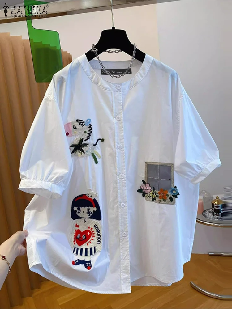 ZANZEA Summer Shirts Fashion Women O Neck Short Sleeve Blouse Casual Buttons Blusas Stylish Cartoon Tops Female Chemise Oversize