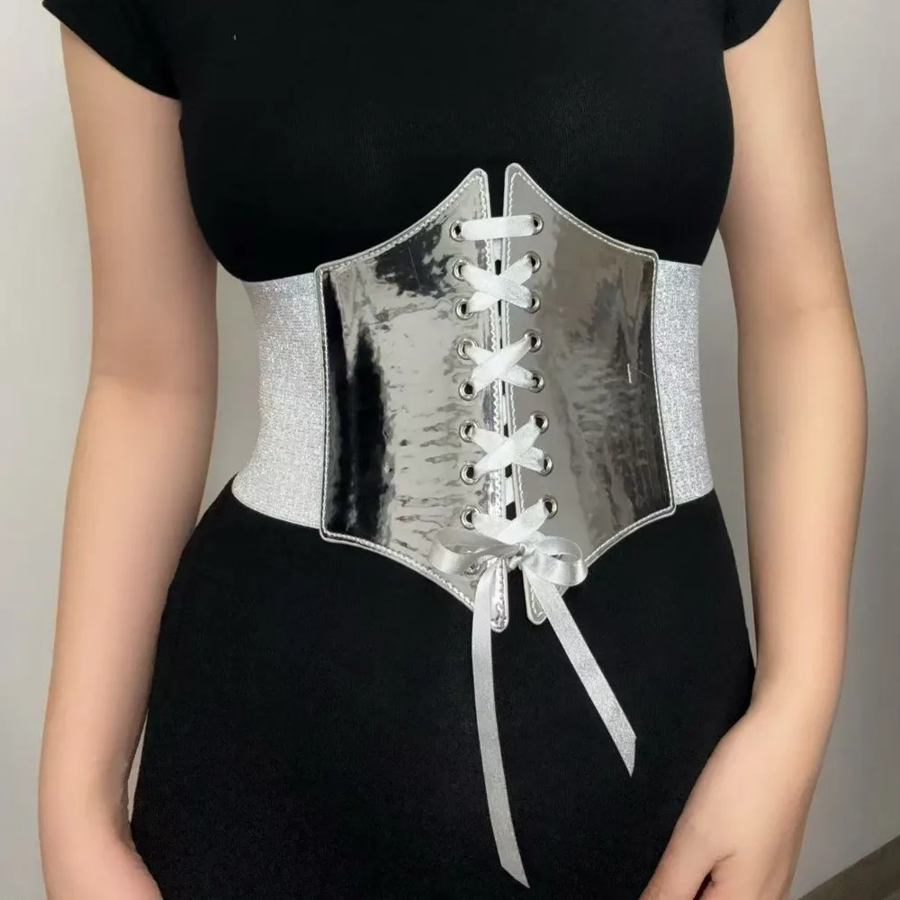 Versatile Retro Waist Belt Gold Silver Lace Up Wide Belt Elastic Design PU Leather Corset Belt for Women
